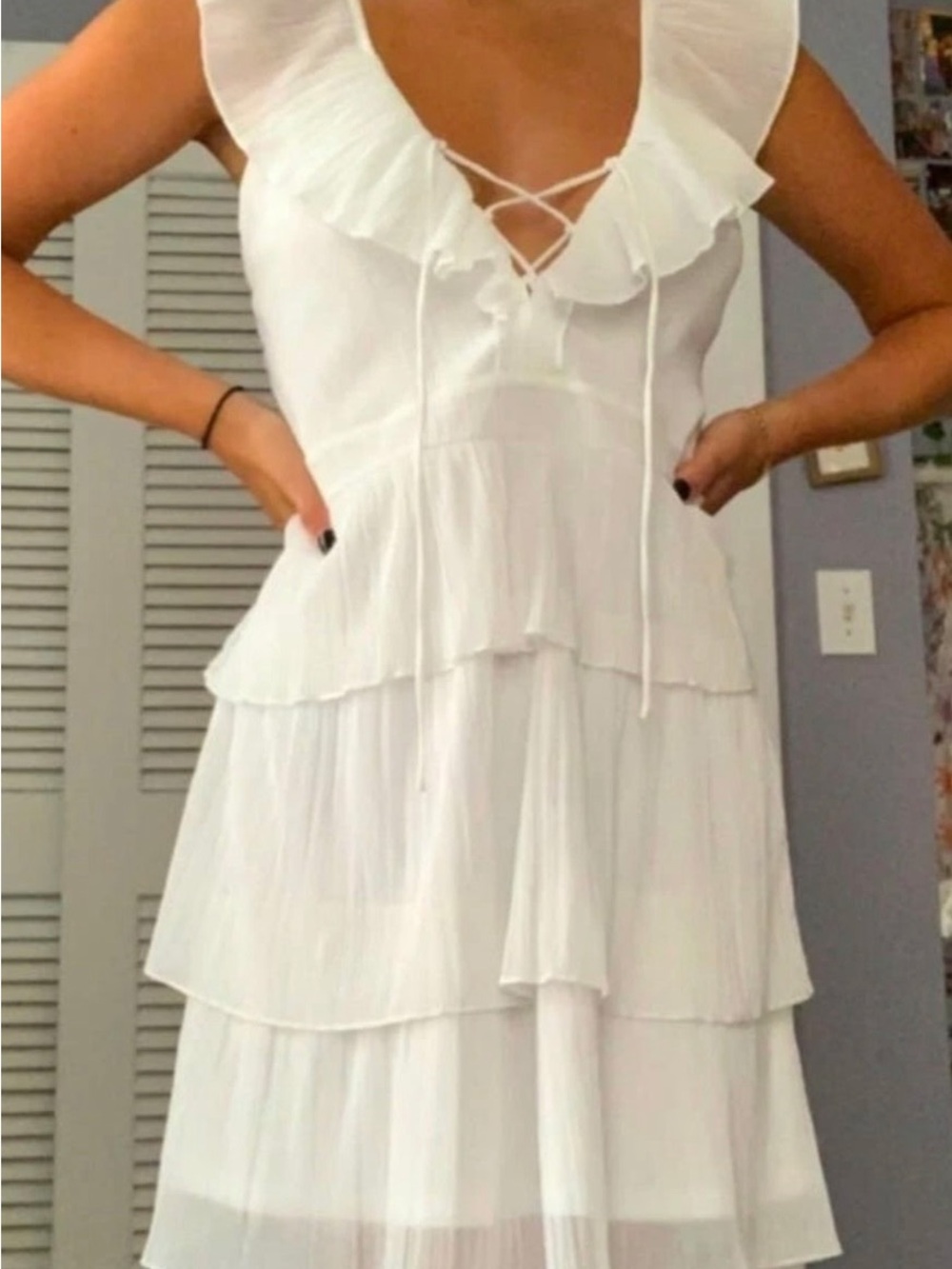 Express White and Black Tiered Ruffle Midi Dress